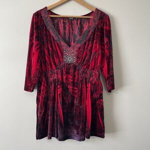 Apt 9 Velvet Embellished Tunic Top 2X Babydoll Black Red Y2K Romantic Whimsygoth